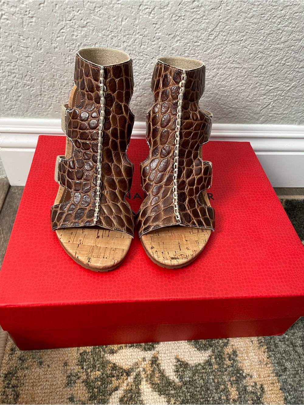 Donald J. Pliner Brown Croc-Embossed Open-Toe Heels